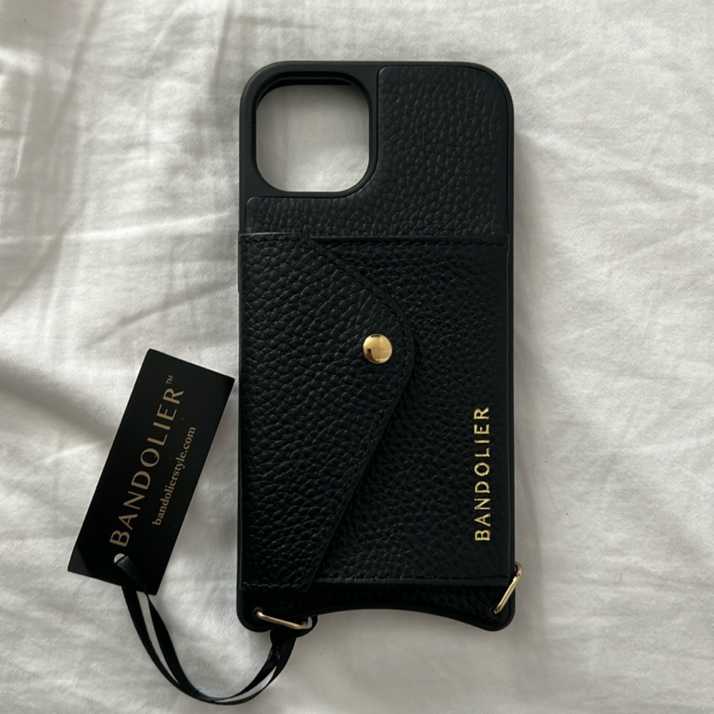 Bandolier Black Leather Phone Case with Gold Accents